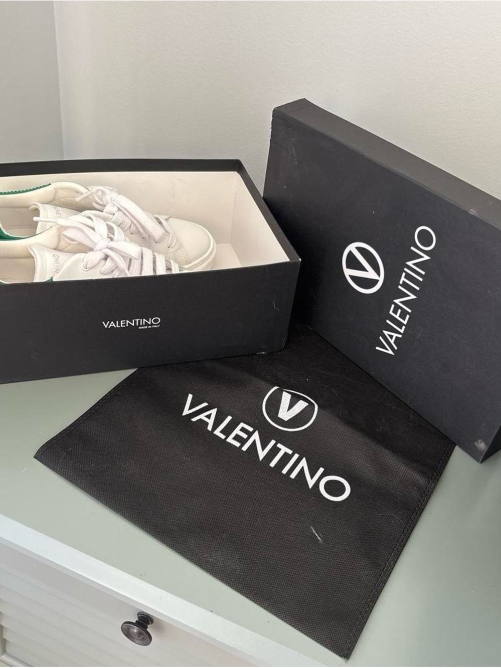 Valentino White Leather Sneakers with Green Heel Tab